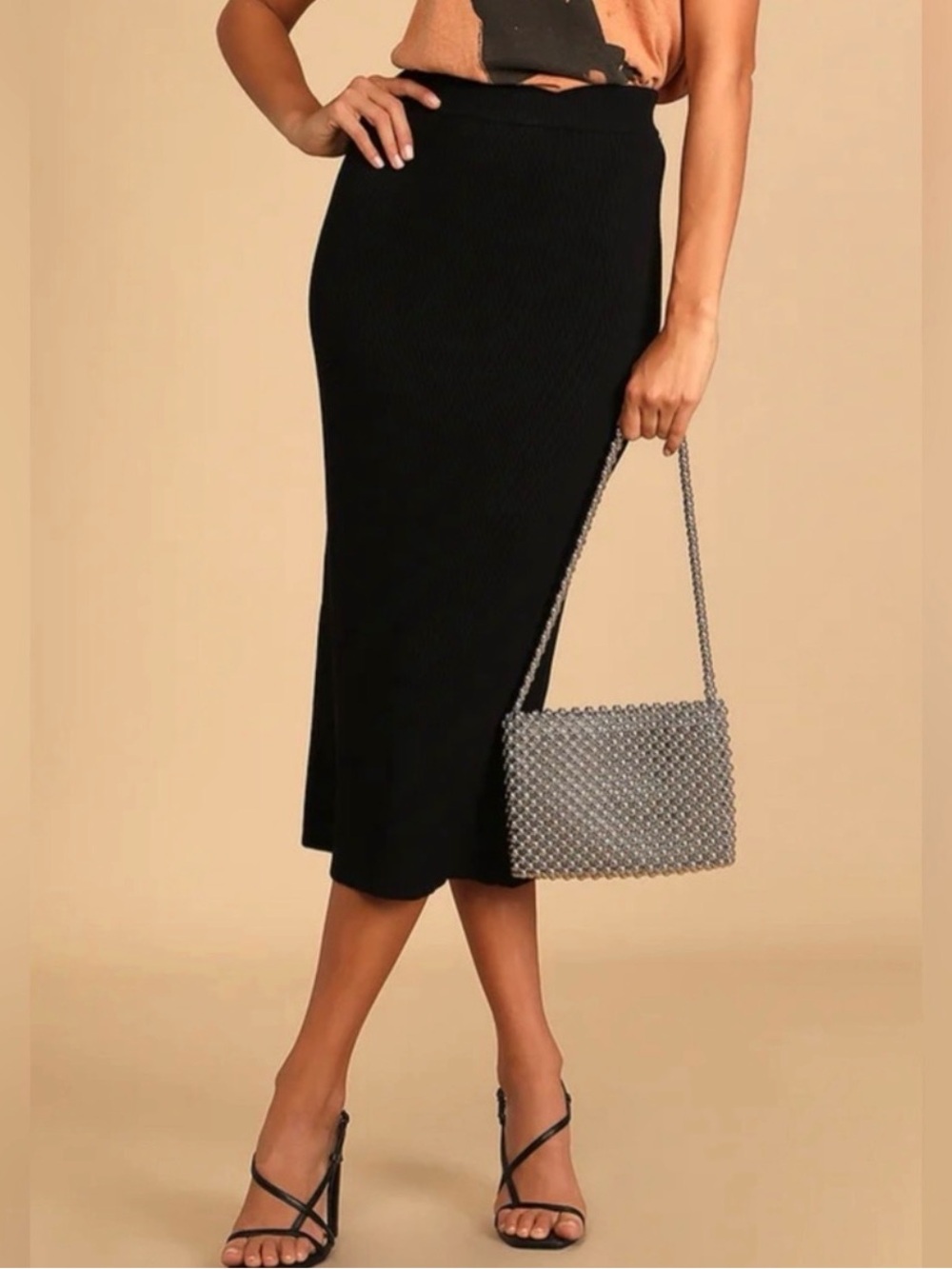 Lulu's Sleek Black Midi Pencil Skirt slit in back